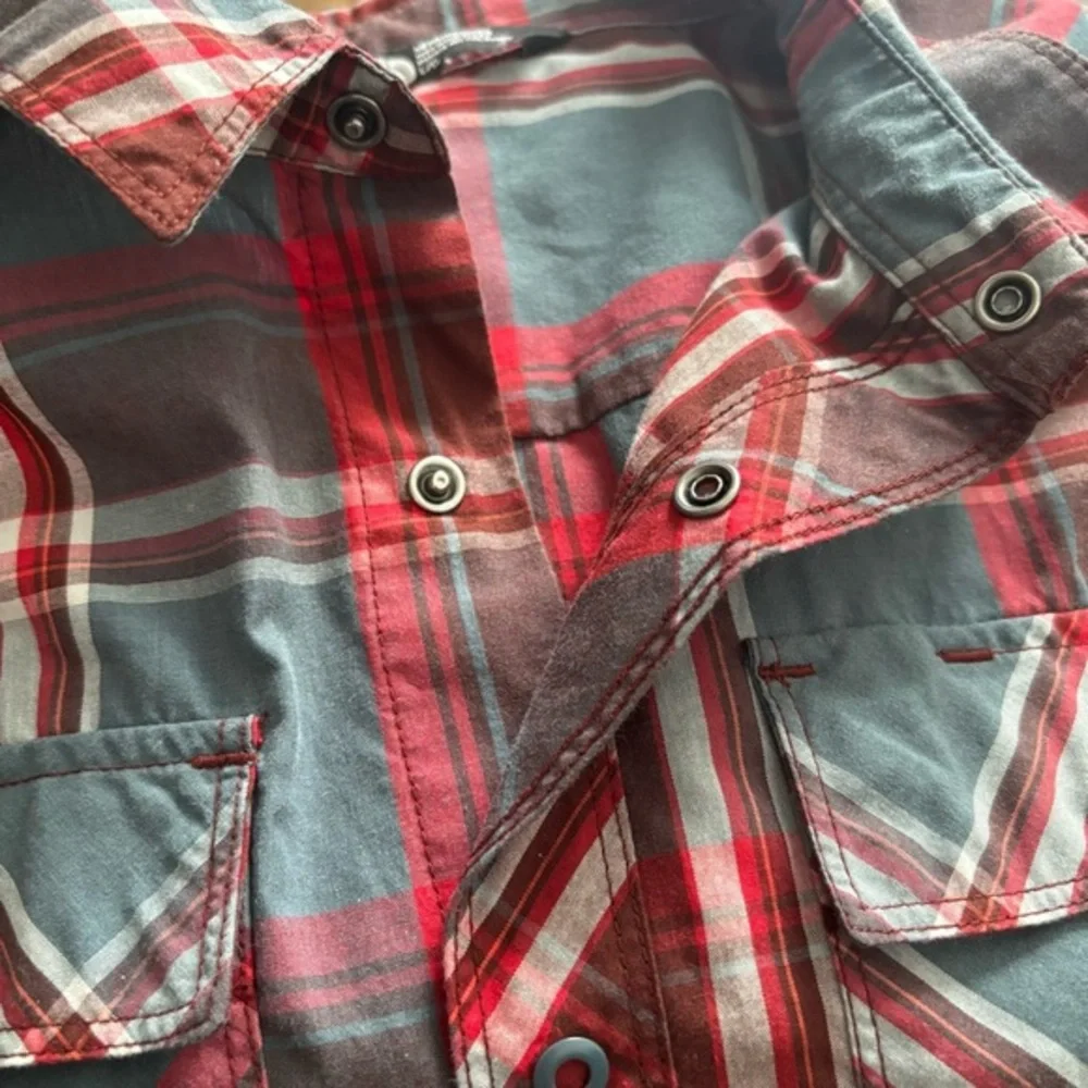 The‎ North Face Red Blue Plaid Snap Button Up Long Sleeve Casual Shirt Men Sz Lg
